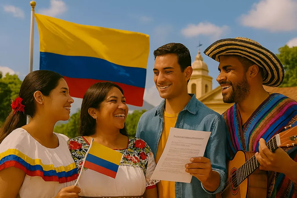 familia colombiana junto a su bandera en un ambiente alegre - directorio de consulados
