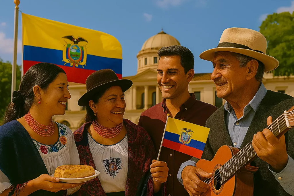 familia ecuatoriana junto a su bandera en un ambiente alegre - directorio de consulados