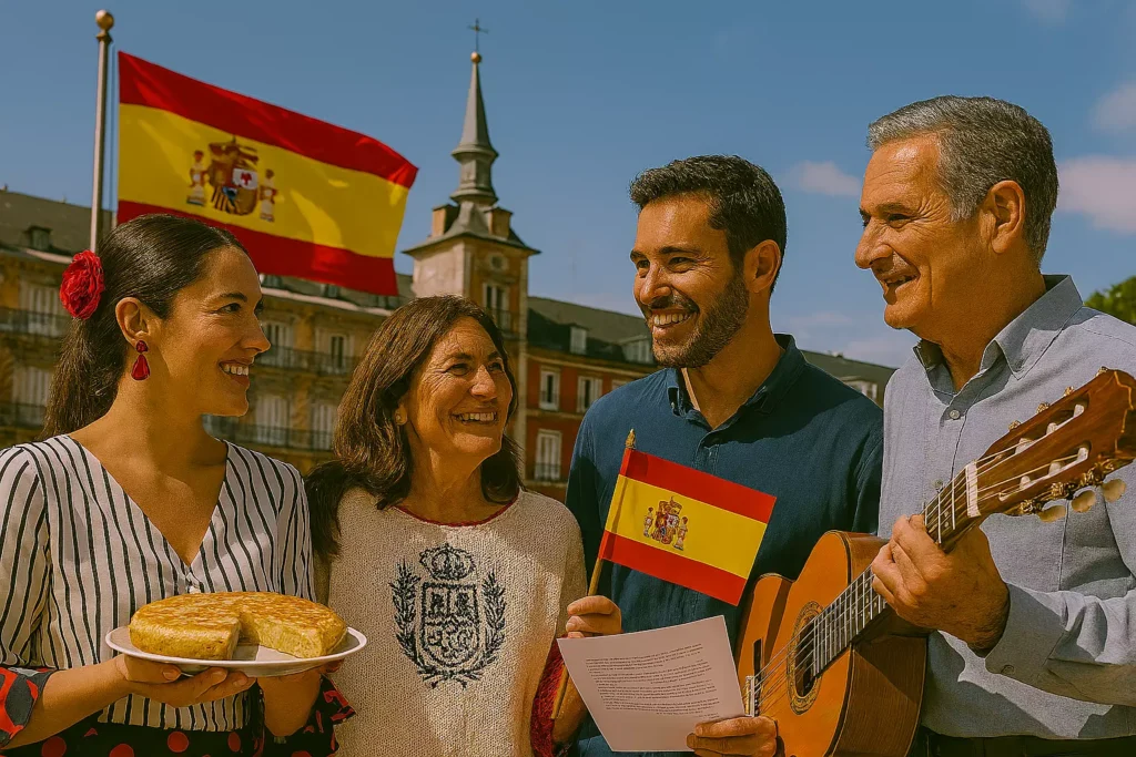 familia española junto a su bandera en un ambiente alegre - directorio de consulados