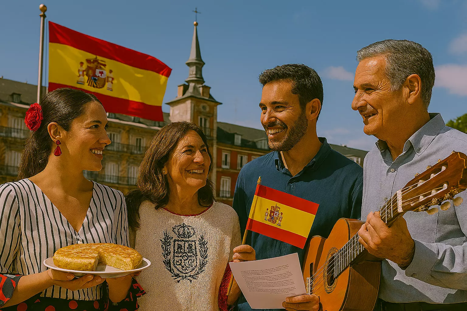 familia-espanola-junto-a-su-bandera familia española junto a su bandera en un ambiente alegre - directorio de consulados
