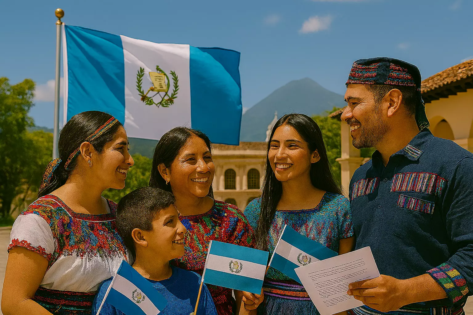 familia-guatemalteca-junto-a-su-bandera familia guatemalteca junto a su bandera en un ambiente alegre - directorio de consulados