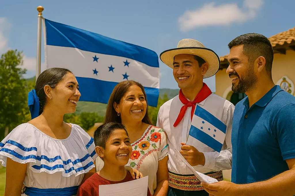 familia hondureña junto a su bandera en un ambiente alegre - directorio de consulados
