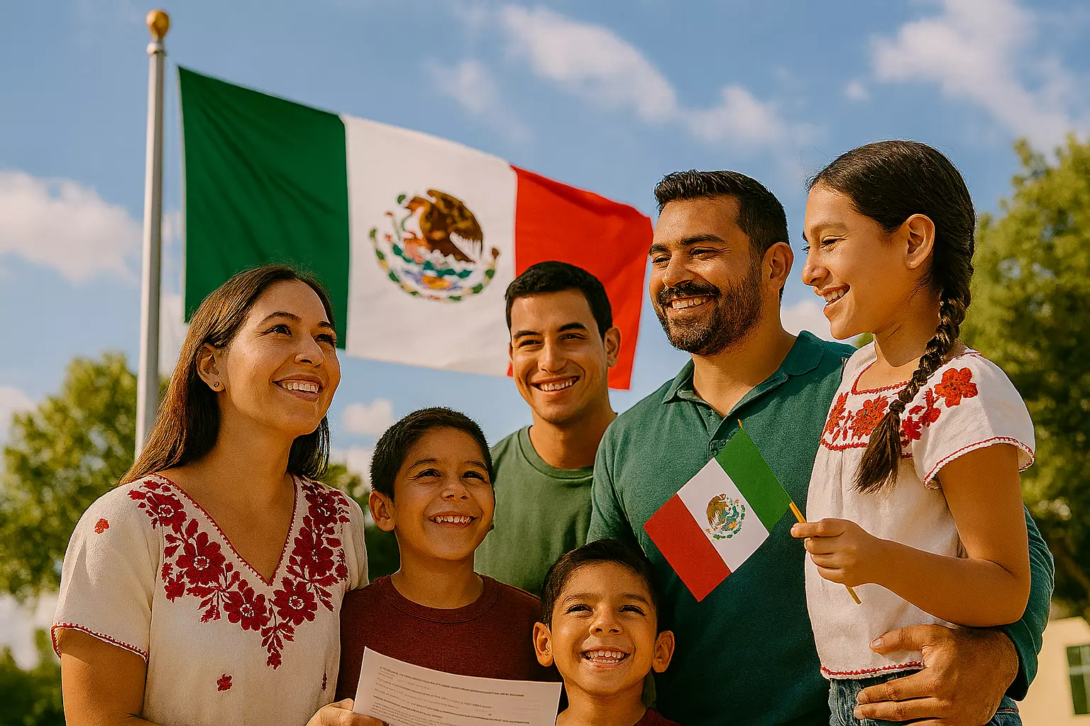 familia-mexicana-junto-a-su-bandera familia mexicana junto a su bandera en un ambiente alegre - directorio de consulados
