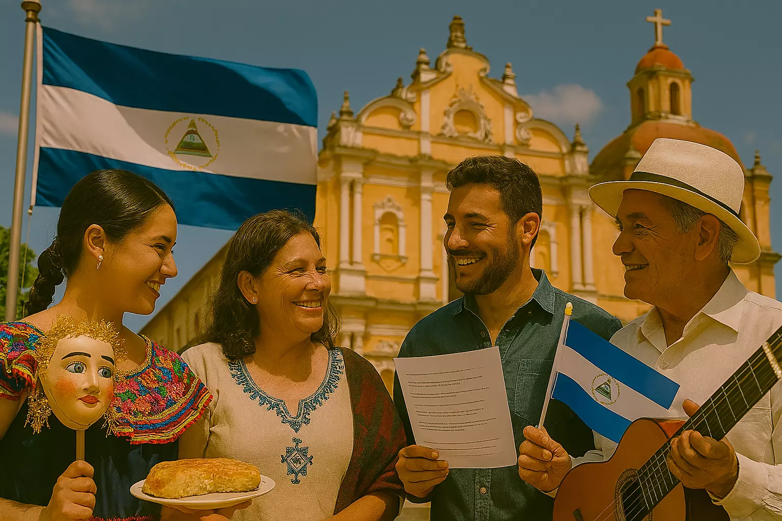 familia-nicaraguense-junto-a-su-bandera familia nicaragüense junto a su bandera en un ambiente alegre - directorio de consulados