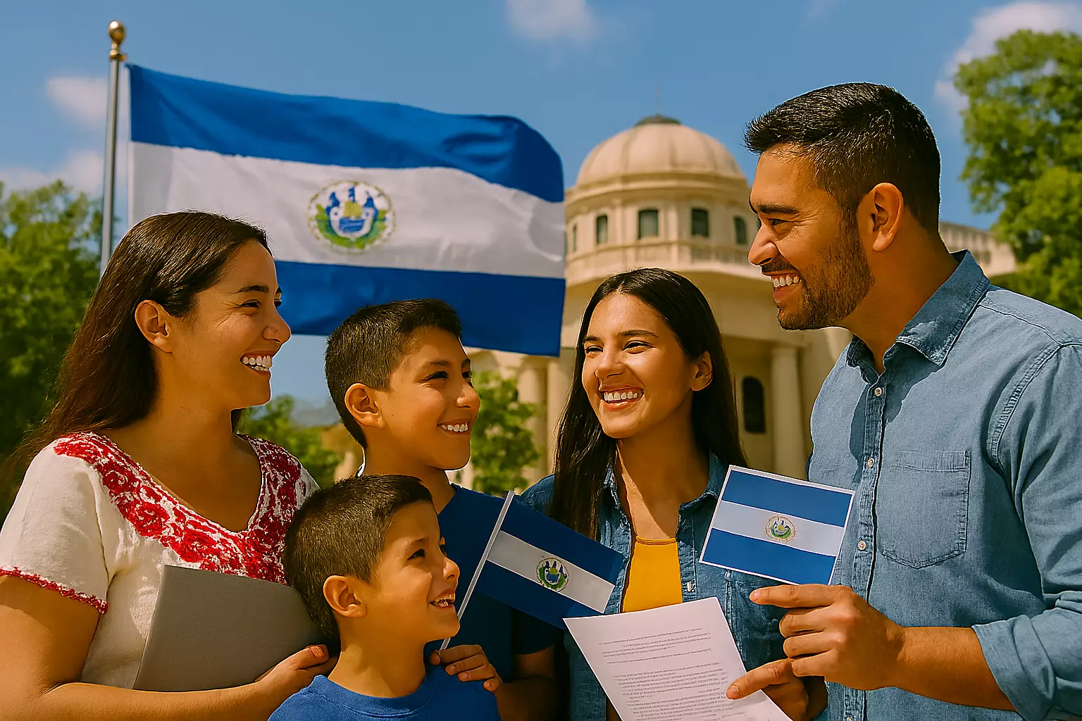 familia-salvadorena-junto-a-su-bandera familia salvadoreña junto a su bandera en un ambiente alegre - directorio de consulados
