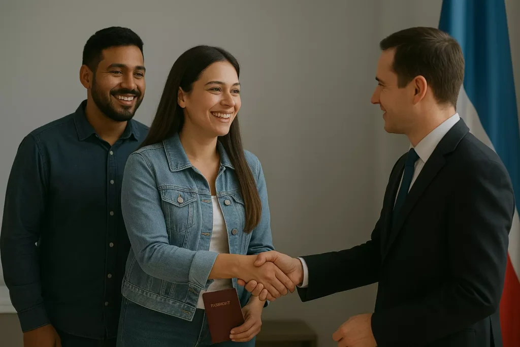 Pareja de migrantes felices saludan a su consul en Directorio de Consulados Latinos